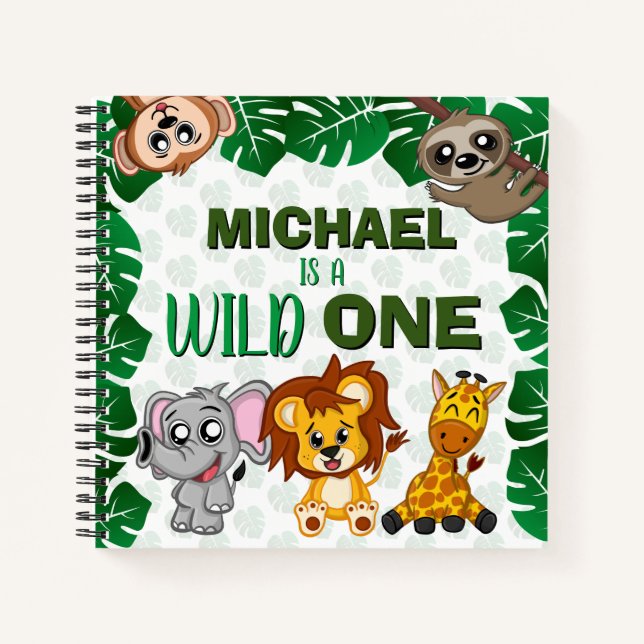Wild One Jungle Safari Animal First Birthday Guest Notebook (Front)