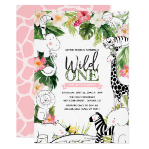 Wild One Jungle Safari Animal Girls First Birthday Invitation