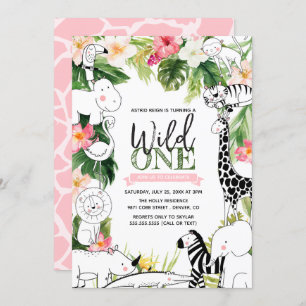 Wild One Jungle Safari Animal Girls First Birthday Invitation
