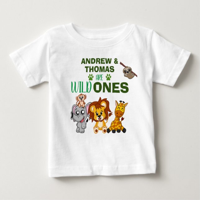 Wild One Jungle Safari Animal Twins First Birthday Baby T-Shirt (Front)