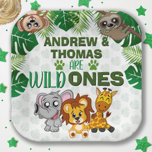 Wild One Jungle Safari Animal Twins First Birthday Paper Plate