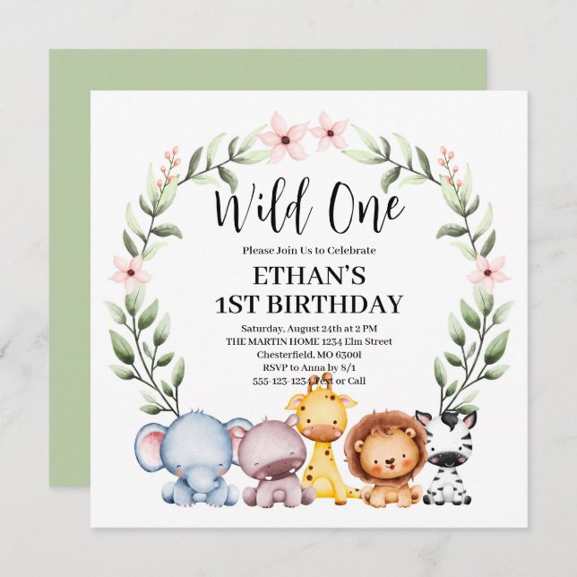 Wild One Jungle Safari Animals 1st Birthday Invitation (Front/Back)