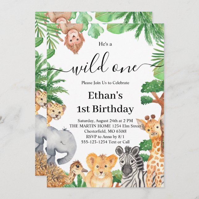 Wild One Jungle Safari Animals 1st Birthday Party  Invitation (Front/Back)