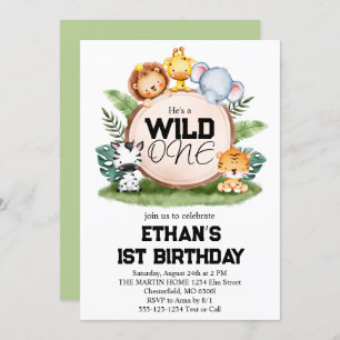 Wild One Jungle Safari Animals 1st Birthday Party Invitation