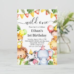 Wild One Jungle Safari Animals 1st Birthday Party Invitation
