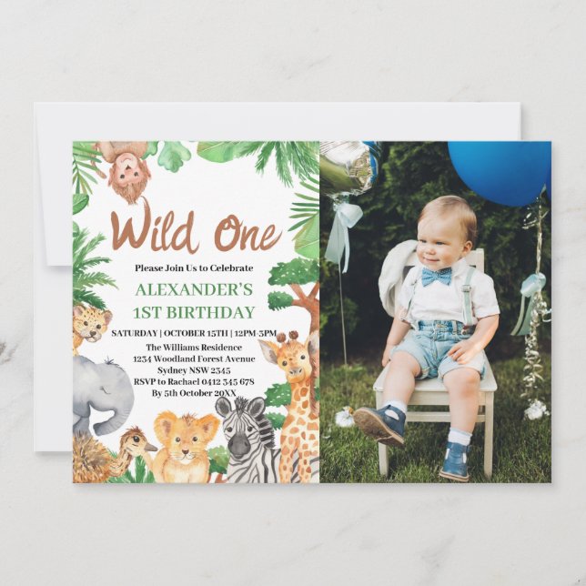 Wild One Jungle Safari Animals 1st Birthday Photo Invitation (Front)