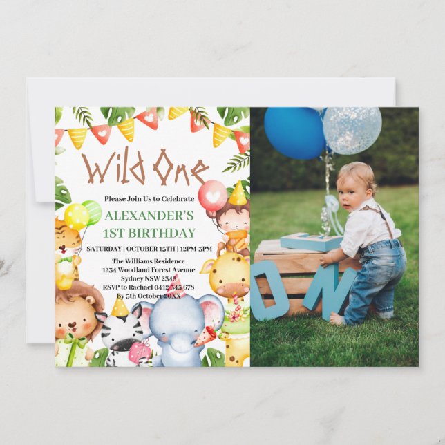 Wild One Jungle Safari Animals 1st Birthday Photo Invitation (Front)