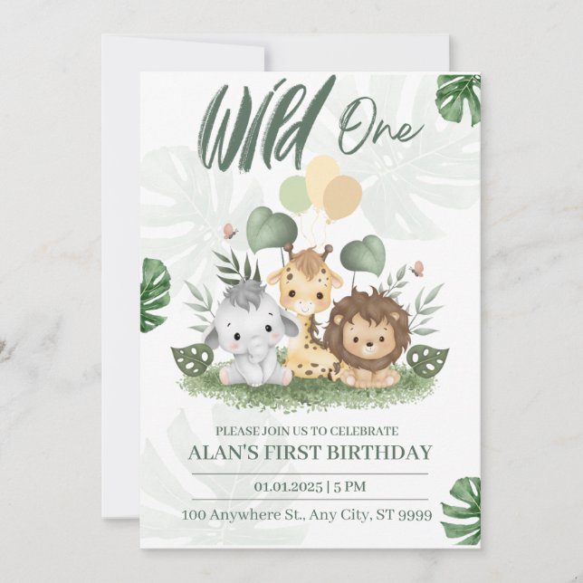 Wild One Jungle Safari Animals Boy 1st Birthday Invitation (Front)