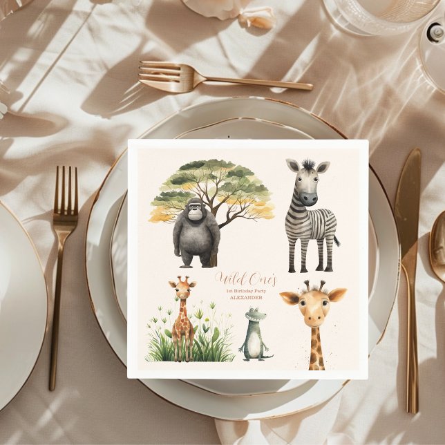 Wild One Jungle Safari Animals Boy 1st Birthday Napkin (Creator Uploaded)