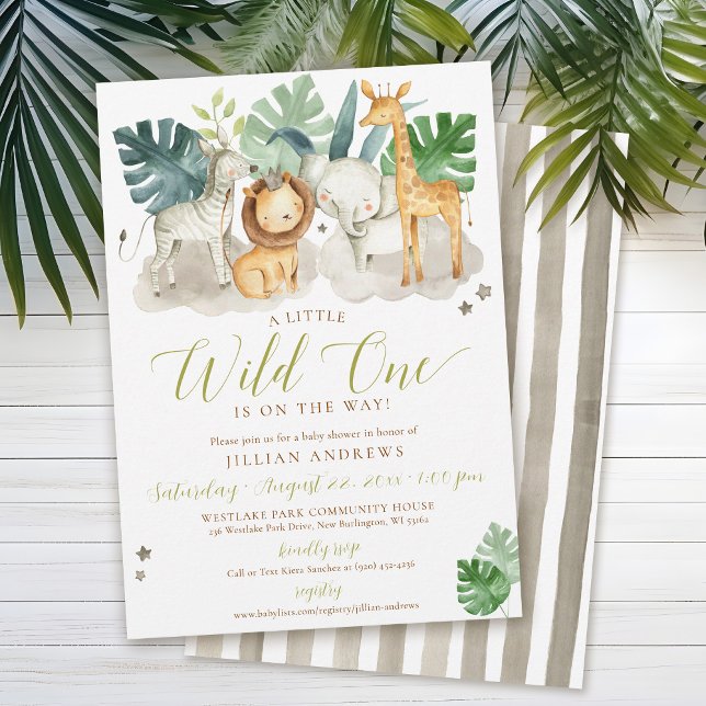 Wild One Jungle Safari Animals Boy Baby Shower Invitation (Cute Wild One watercolor jungle safari zoo animals lion crown zebra giraffe elephant boy baby shower)
