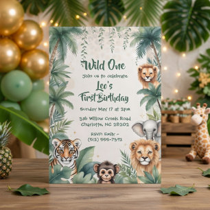 Wild One Jungle Safari Animals Boy First Birthday Invitation