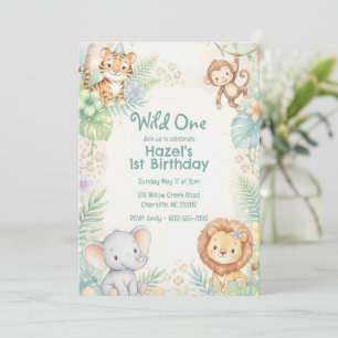 Wild One Jungle Safari Animals Girl 1st Birthday  Invitation