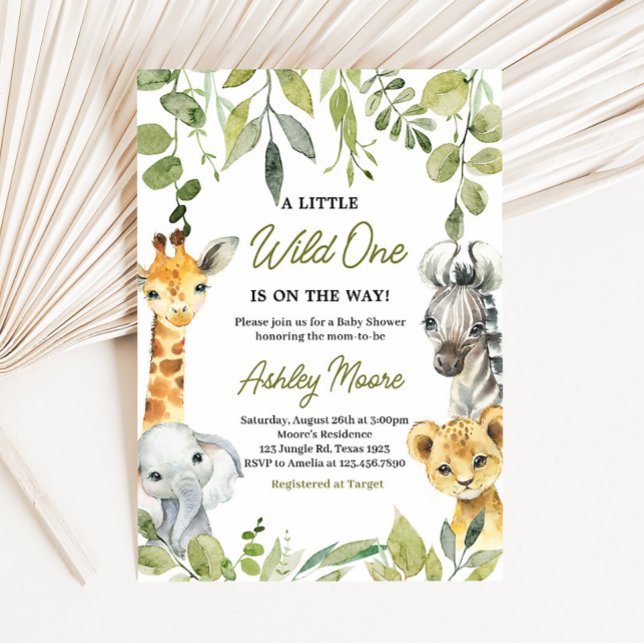 Wild One Jungle Safari Baby Shower Invitation (Greenery Animals Baby Shower Invitation)
