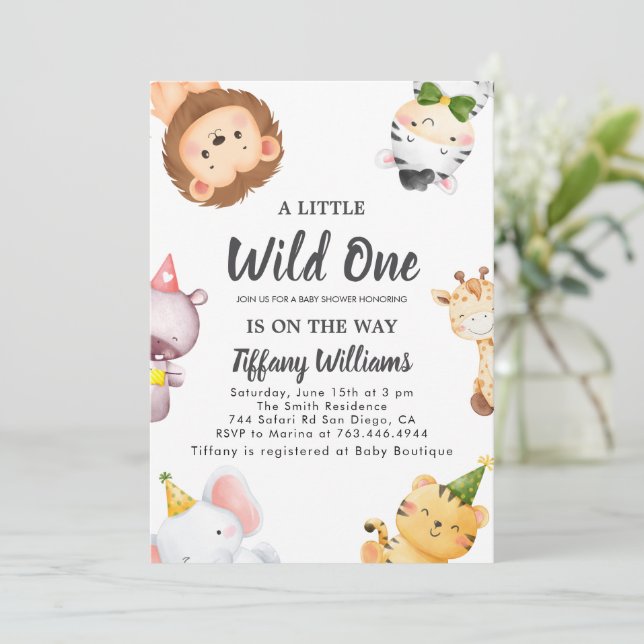 Wild One Jungle Safari Baby Shower Party Invitation (Standing Front)