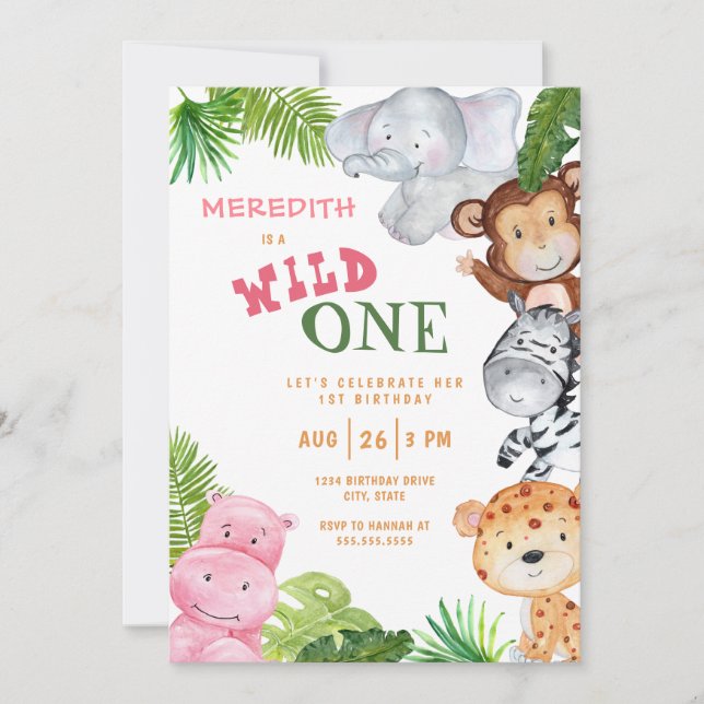 Wild One Jungle Safari Birthday Girl Invitation (Front)