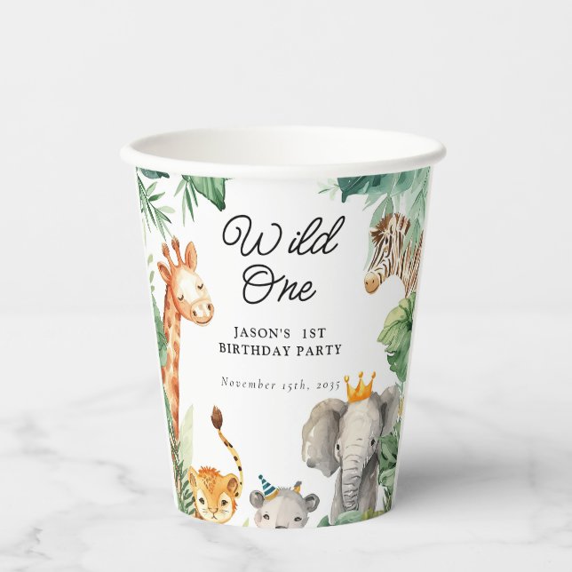 Wild One Jungle Safari Birthday Paper Cups (Front)