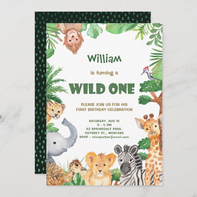 Wild One Jungle Safari First Birthday Invitation (Front/Back)