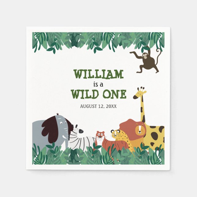 Wild One Jungle Safari First Birthday Party Napkin (Front)
