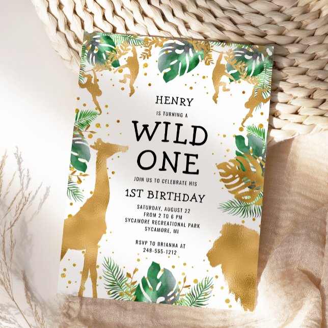 Wild One Jungle Safari Gold Green 1st Birthday Invitation (Creator Uploaded)