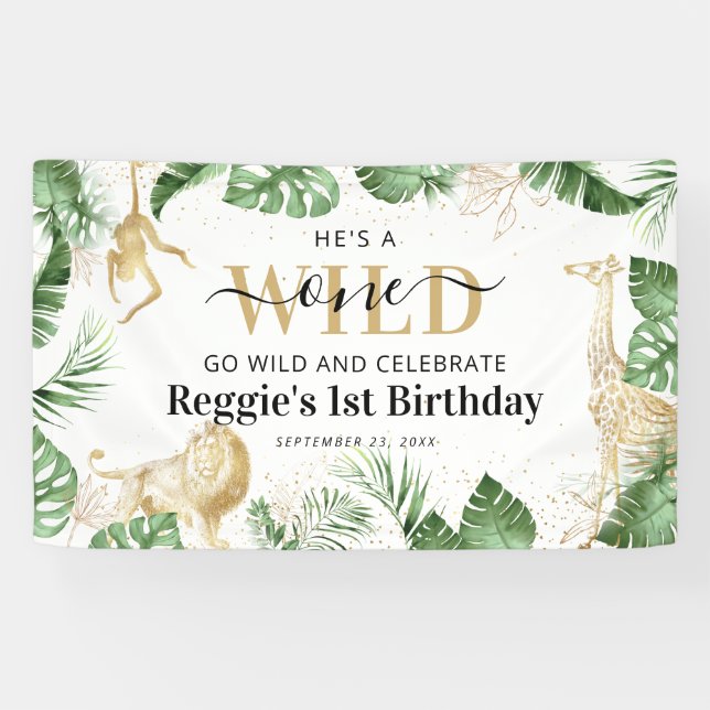 Wild One Jungle Safari Green & Gold 1st Birthday Banner (Horizontal)