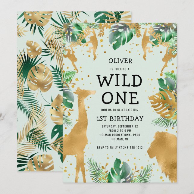 Wild One Jungle Safari Green Gold 1st Birthday Invitation (Front/Back)