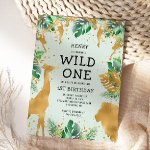 Wild One Jungle Safari Green Gold 1st Birthday Invitation