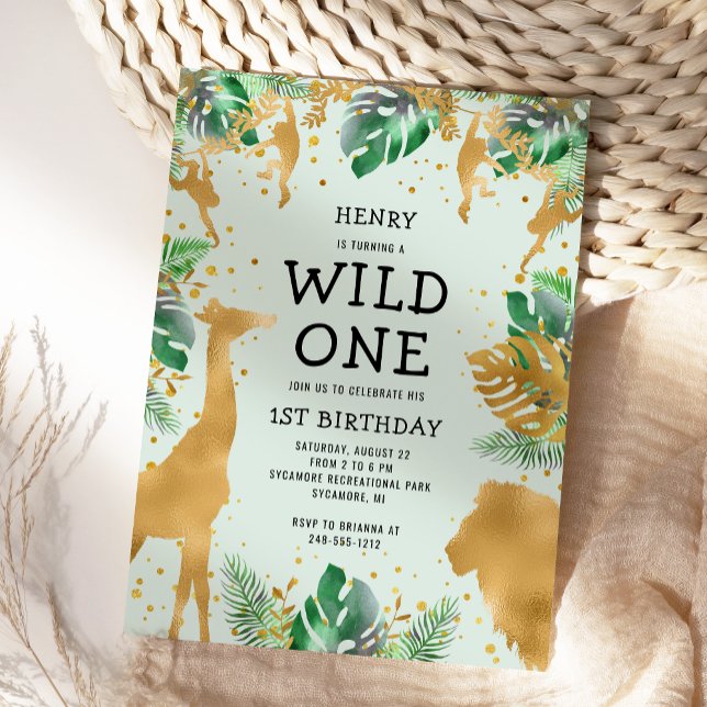 Wild One Jungle Safari Green Gold 1st Birthday Invitation (Creator Uploaded)