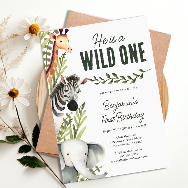 Wild One Jungle Safari Greenery 1st Birthday Party Invitation (Wild One Jungle Safari Greenery 1st Birthday Party Invitation)