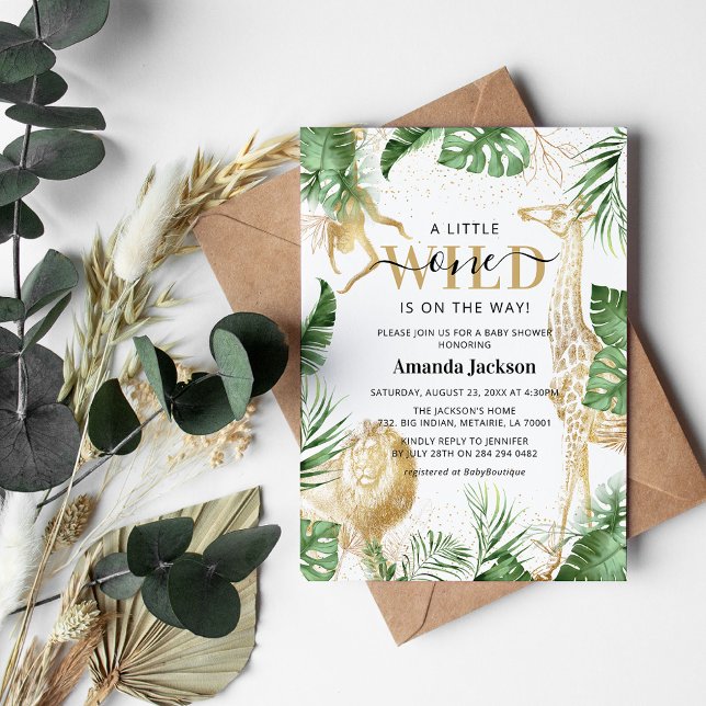 Wild One Jungle Safari Greenery & Gold Baby Shower Invitation (Creator Uploaded)