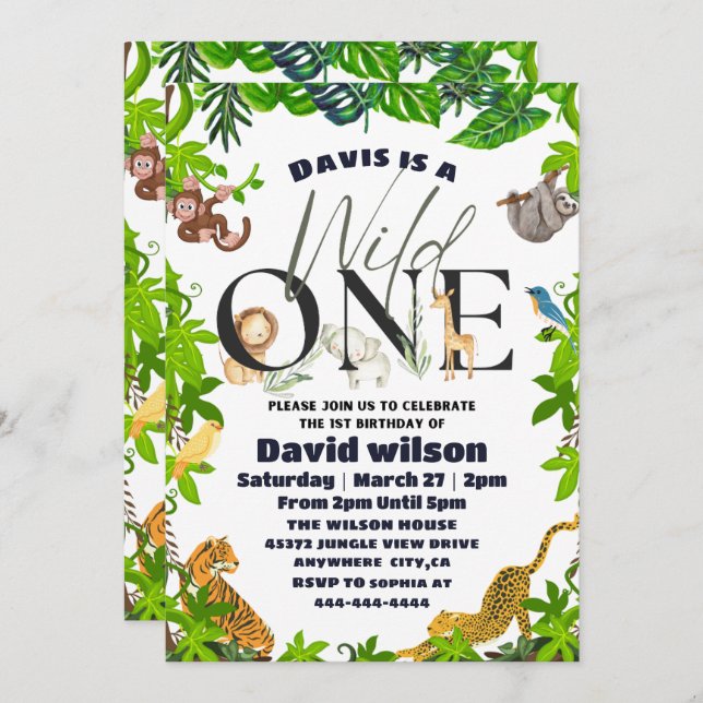Wild One Jungle Safari Kids Themed 1st Birthday  Invitation (Front/Back)