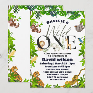 Wild One Jungle Safari Kids Themed 1st Birthday  Invitation
