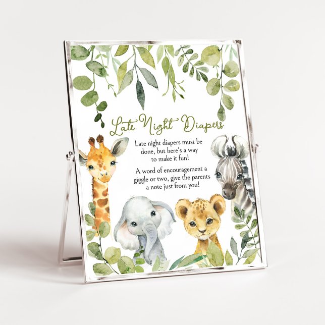 Wild One Jungle Safari Late Night Diapers Poster (Greenery Animals Baby Shower  Late Night Diapers Sign)