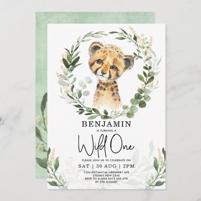 Wild One Jungle Safari Leopard Boy 1st Birthday Invitation (Front/Back)