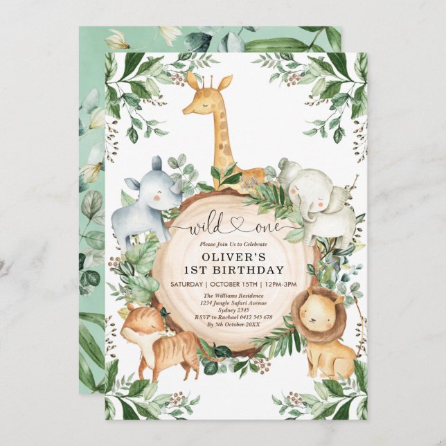 Wild One Jungle Safari Party Animals 1st Birthday Invitation (Front/Back)