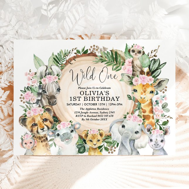 Wild One Jungle Safari Pink Floral Girls Birthday Invitation (Creator Uploaded)