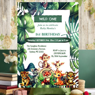 Wild One Jungle Safari Tropical Leaves Birthday Invitation