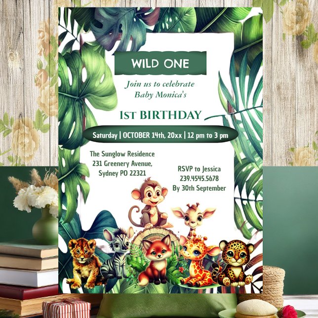 Wild One Jungle Safari Tropical Leaves Birthday  Invitation (Wild One Birthday Jungle Safari Tropical Leaves Invitation)
