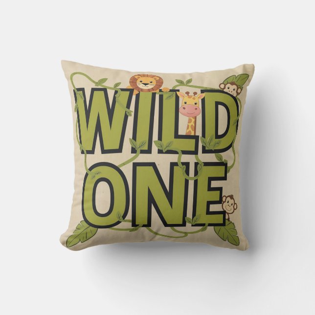 Wild One Jungle Theme Birthday Design Cushion (Front)