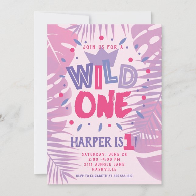 Wild One Jungle Theme Girl First Birthday Invitation (Front)