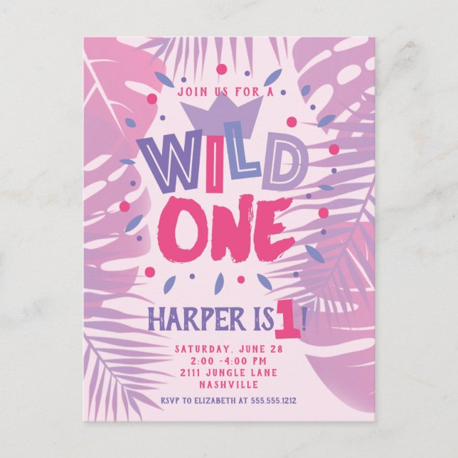 Wild One Jungle Theme Girl First Birthday Postcard (Front)