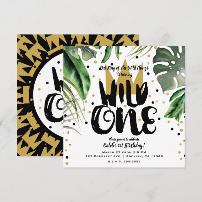 Wild One King of Things Crown 1st Birthday Party Invitation (Front/Back)