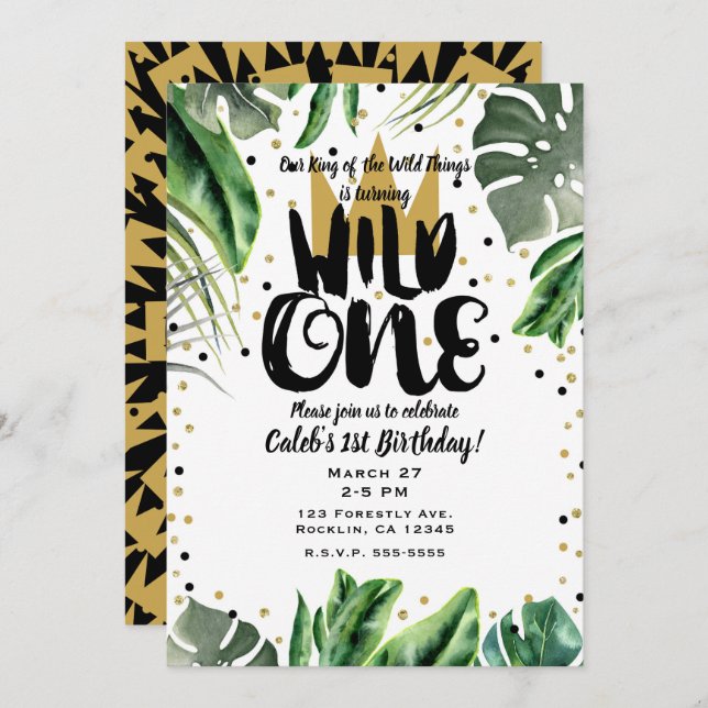 Wild One King of Things Crown 1st Birthday Photo Invitation (Front/Back)
