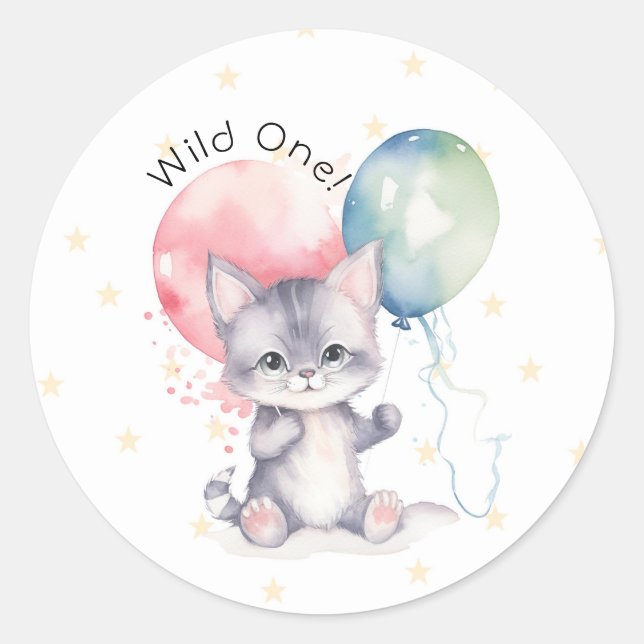 Wild One Kitten Balloons 1st Birthday Party Classic Round Sticker (Front)