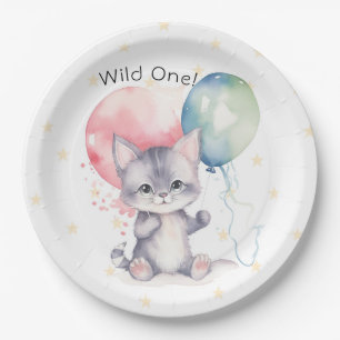 Wild One Kitten Balloons 1st Birthday Party Paper Plate