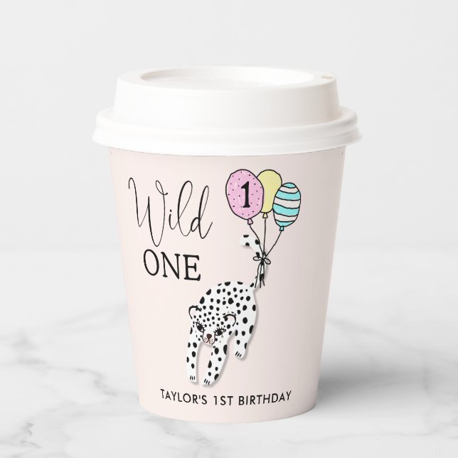Wild One | Leopard Balloon Girl 1st Birthday Paper Cups (Front)
