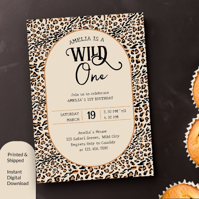 Wild One Leopard Print Neutral 1st Birthday Invitation (Wild One 1st Birthday Invitation with leopard print)