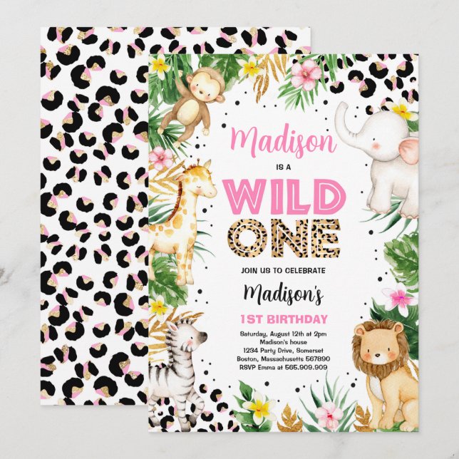 Wild One Leopard Print Safari Animals 1st Birthday Invitation (Front/Back)