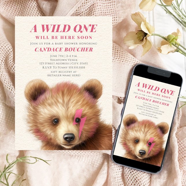 Wild One Lightning Bolt Cub Pink Baby Shower Invitation (Creator Uploaded)