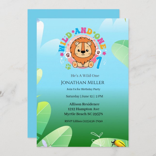 Wild One Lion 1st  Birthday Party  Invitation (Front/Back)