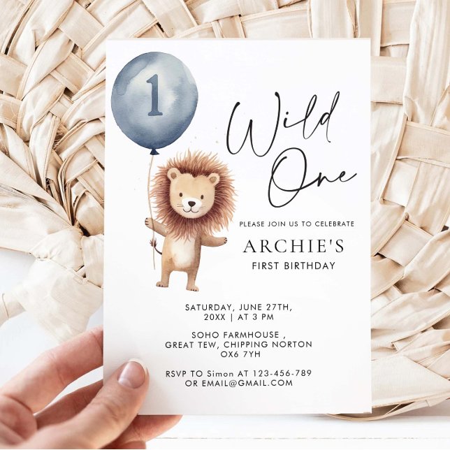 Wild One Lion Blue Ballon Boy First Birthday  Invitation (Creator Uploaded)